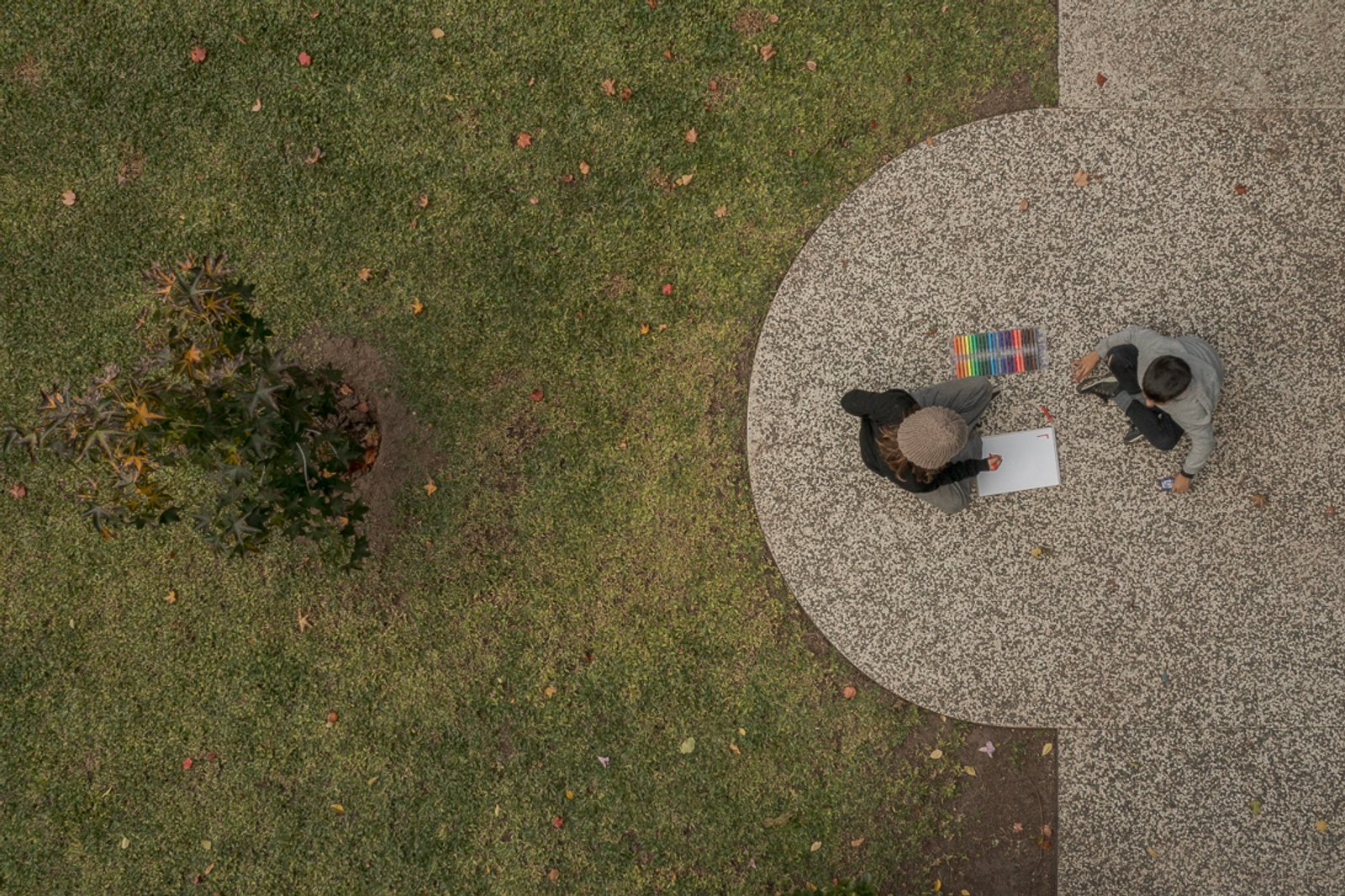 Vista aérea de patio circular con césped y personas — proyecto Jardines Catamarca, por Estudio YME, en B1636 Olivos